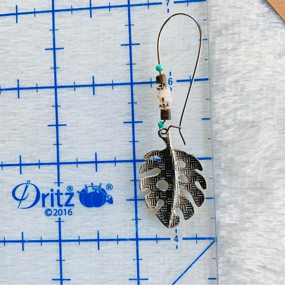 Boho Silver Tone Aqua Beaded Leaf Dangle Earrings and Turquoise Studs - Picture 8 of 16